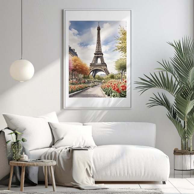 Póster Poster de la Torre Eiffel de París (Paris Eiffel Tower Illustration Mockup 1)