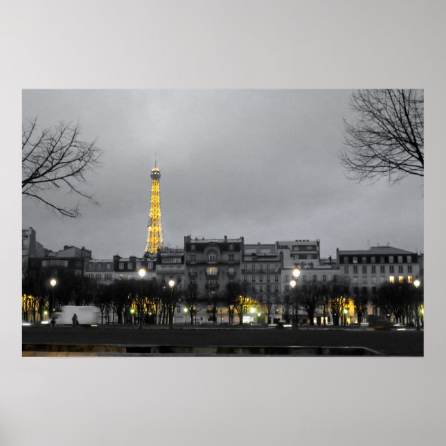 Póster Poster de la Torre Eiffel Negro, Blanco y Amarillo (Frente)