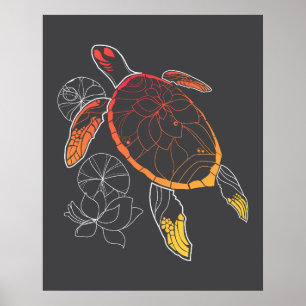 Póster Poster de la tortuga marina con explosión de sol