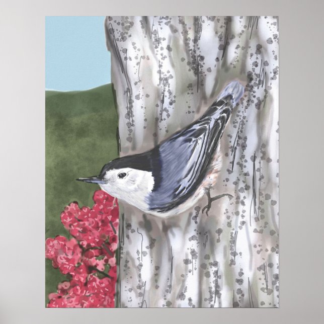 Póster Poster de las flores rosadas y nuthatch blanco (Frente)