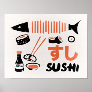 Póster Poster de letreros de cocina de sushi de época