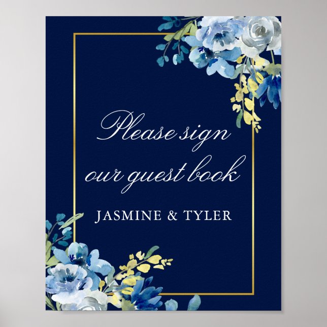Póster Poster de libros de Boda floral de oro azul de la  (Frente)