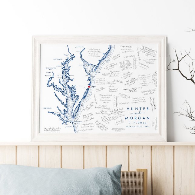 Póster Poster de libros de huéspedes de Ocean City MD Bod (This Ocean City Maryland map poster makes a perfect guest book for your destination wedding)