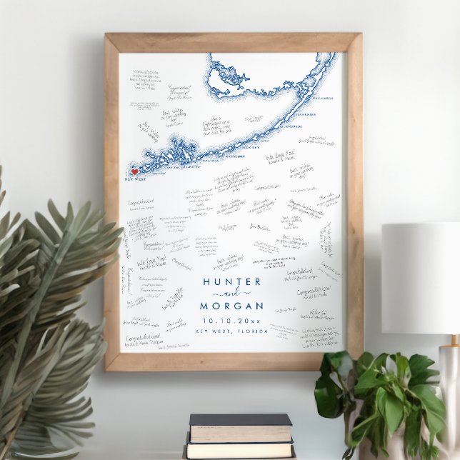 Póster Poster de libros de invitados de Key West Boda (Key West FL Map Wedding Alternative Guest Book Poster in Modern Navy Blue from Coastal Map Designs)