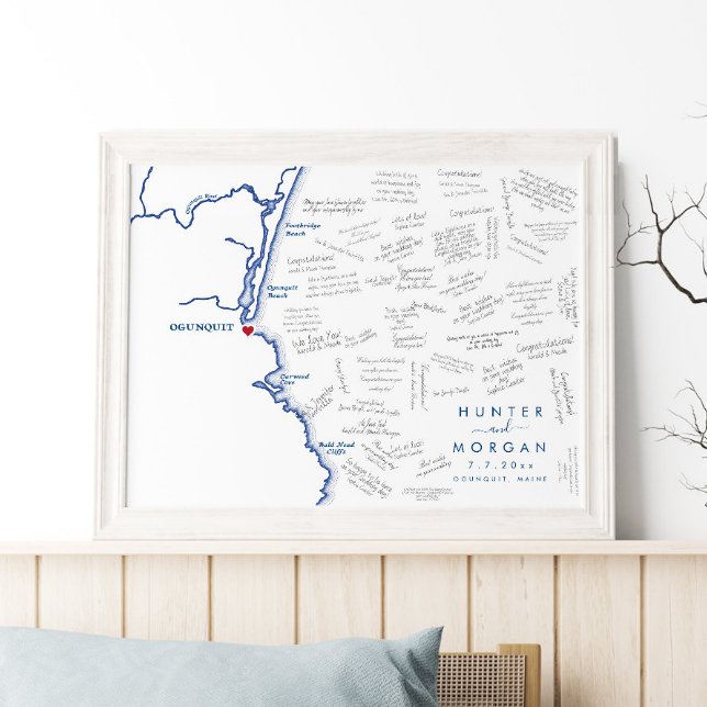 Póster Poster de libros de invitados modernos de Ogunquit (This Ogunquit Maine map wedding guest book poster is perfect for your Maine destination wedding)