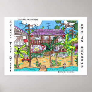Póster Poster de los buceadores del árbol de coco