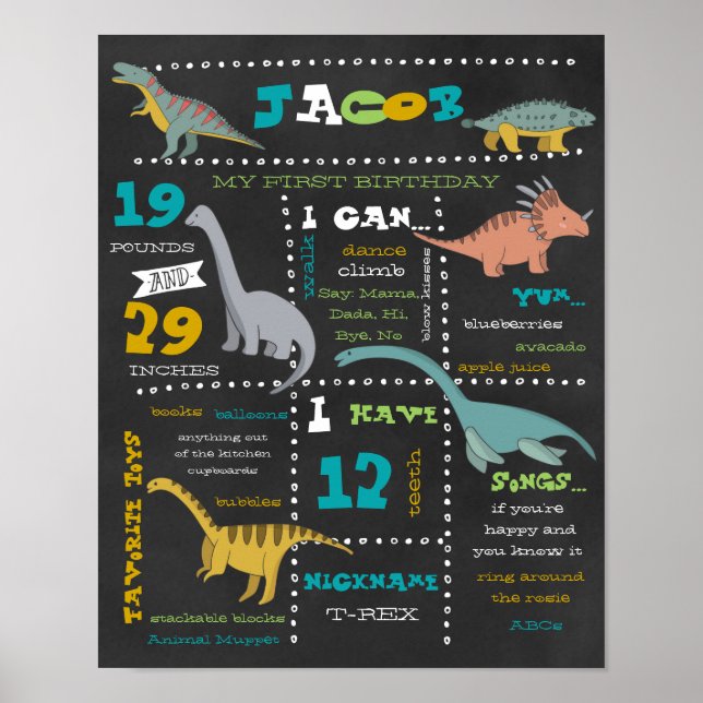 Póster Poster de los Hitos de Cumpleaños - Dinosaurios (Frente)