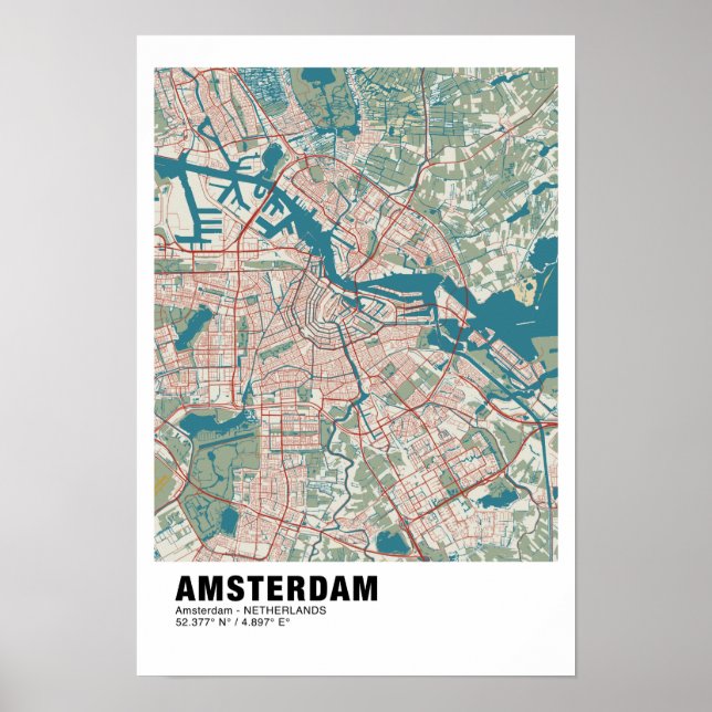 Póster Poster de Mapa de Amsterdam - Estilo de Mapa de Vi (Frente)