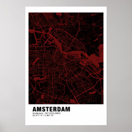 Póster Poster de Mapa de Amsterdam - Mapa negro y rojo de