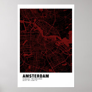 Póster Poster de Mapa de Amsterdam - Mapa negro y rojo de