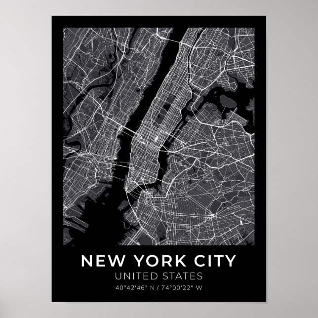 Póster Poster de Mapa de Ciudad Negra de Nueva York (Frente)