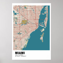 Póster Poster de Mapa de Miami - Mapa de Vintage de Miami