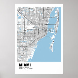Póster Poster de Mapa de Miami - Mapa Negro de Miami