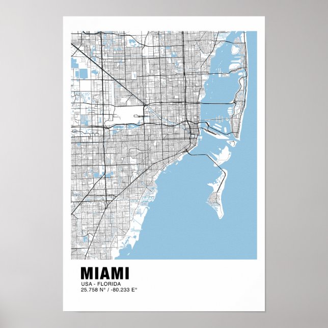 Póster Poster de Mapa de Miami - Mapa Negro de Miami (Frente)