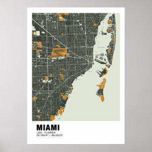 Póster Poster de Mapa de Miami - Mapa Verde de Miami y Or