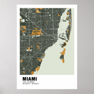 Póster Poster de Mapa de Miami - Mapa Verde de Miami y Or