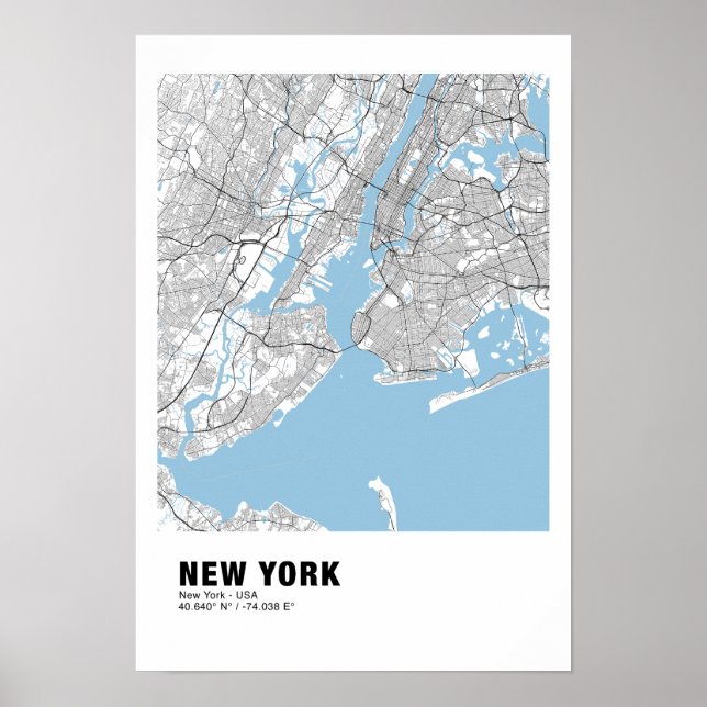 Póster Poster de Mapa de Nueva York - Mapa Blanco de Nuev (Frente)