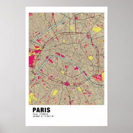 Póster Poster de Mapa de París - Mapa de colores con esti