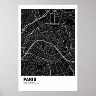 Póster Poster de Mapa de París - Mapa negro de Francia