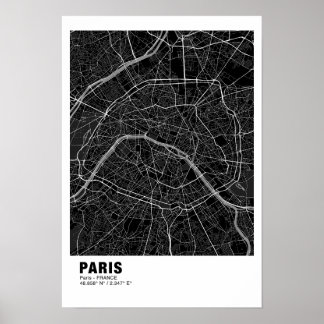 Póster Poster de Mapa de París - Mapa negro de Francia