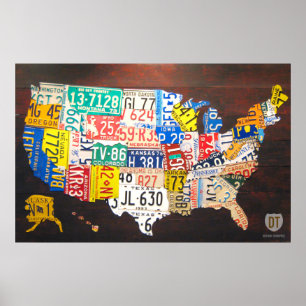 Póster Poster de Mapa de Placas de Licencia de Estados Un
