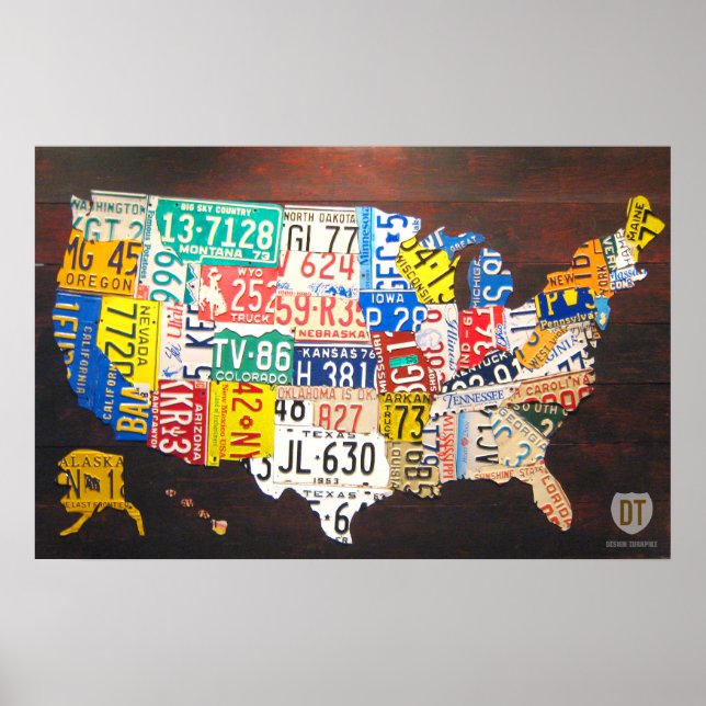 Póster Poster de Mapa de Placas de Licencia de Estados Un (Frente)