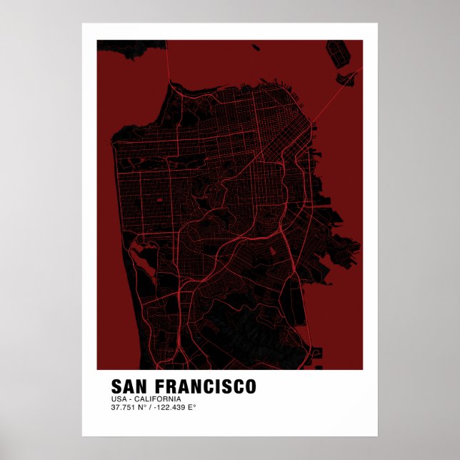 Póster Poster de Mapa de San Francisco - Mapa Rojo de Cal (Frente)