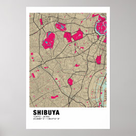 Póster Poster de Mapa de Shibuya - Mapa rosa de Tokio