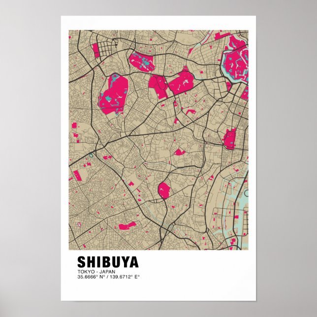 Póster Poster de Mapa de Shibuya - Mapa rosa de Tokio (Frente)