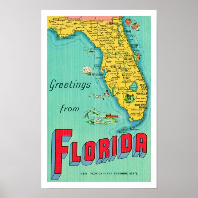 Póster Poster de mapa del estado de Sunshine Florida 11x1 (Frente)