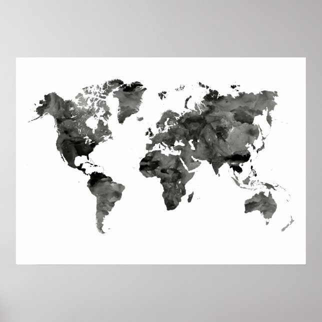 Póster Poster de Mapa del Mundo Blanco y Negro (Frente)