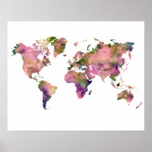 Póster Poster de Mapa del Mundo Rosa