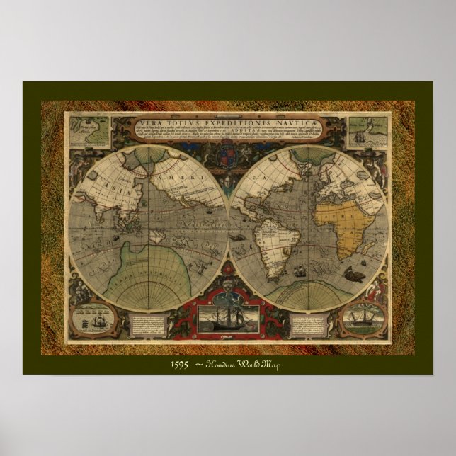 Póster poster de Mapa Histórico del Mapa Mundial de Hondi (Frente)