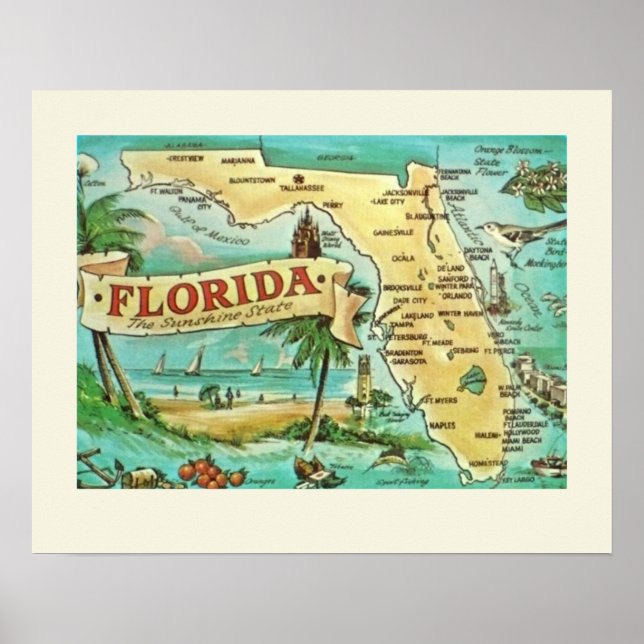 Póster Poster de mapa retro de Florida (Frente)
