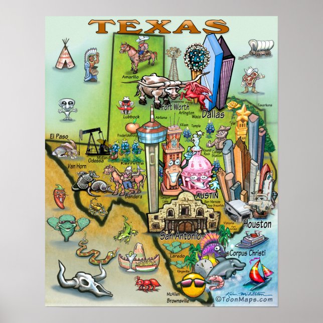 Póster Poster de mapas de diversiones de Texas (Frente)