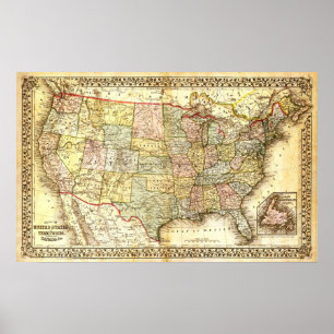 Póster Poster de mapas de Estados Unidos Vintage