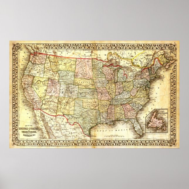 Póster Poster de mapas de Estados Unidos Vintage (Frente)