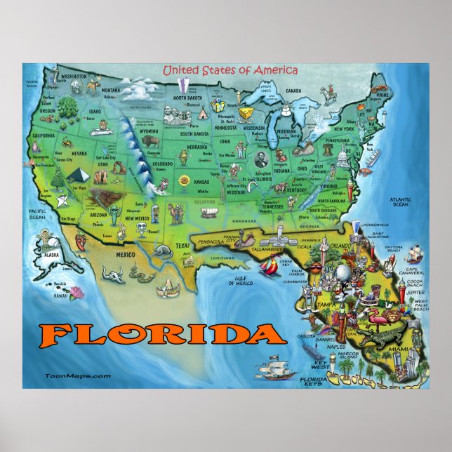 Póster Poster de mapas de Florida USA (Frente)