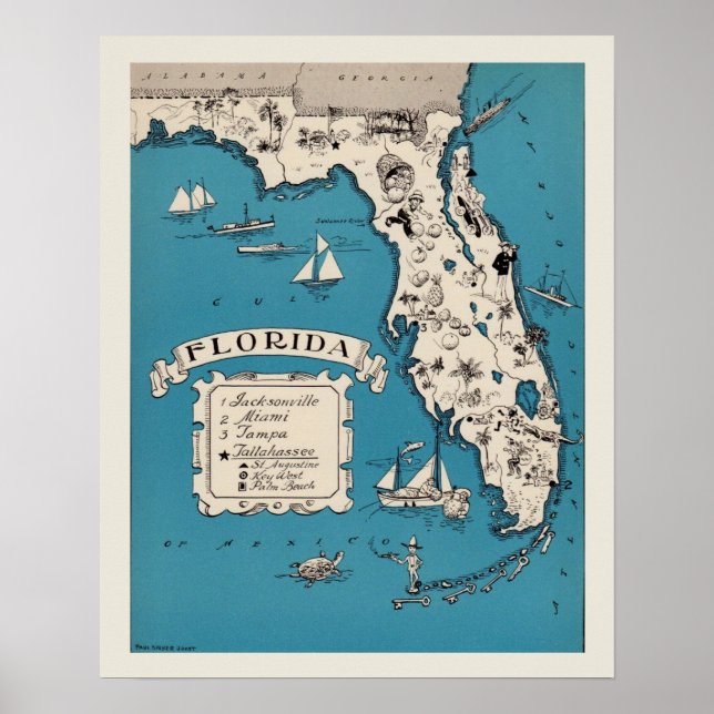 Póster Poster de mapas de Florida Vintage (Frente)