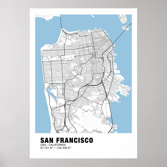 Póster Poster de mapas de San Francisco - Mapa blanco de  (Frente)