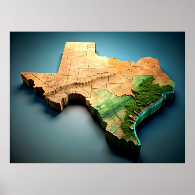 Póster poster de mapas de Texas 3D (Frente)