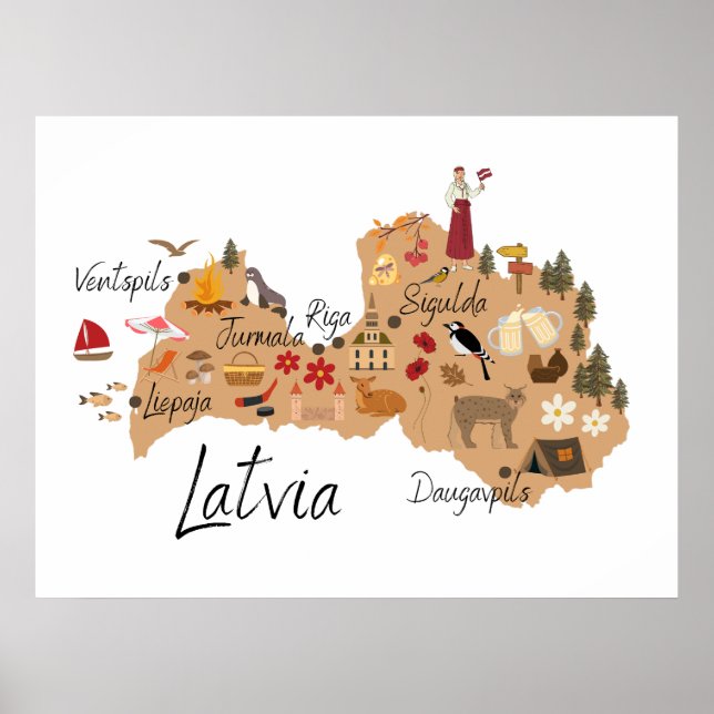 Póster Poster de mapas de viajes de Letonia (Frente)