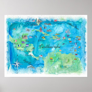 Póster Poster de mapas de viajes en crucero del Caribe