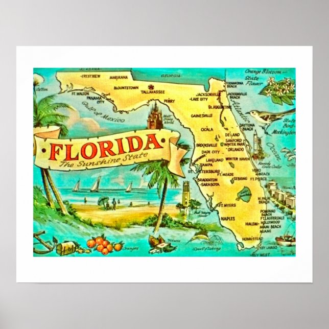 Póster Poster de mapas Florida Retro 20x16 (Frente)