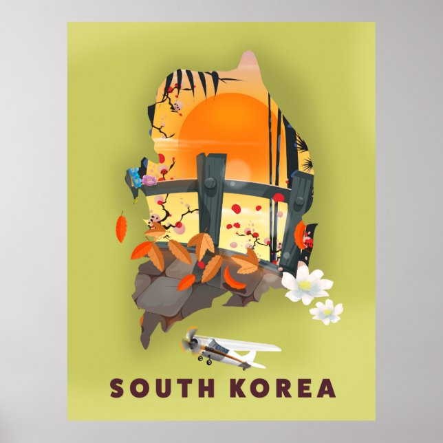 Póster Poster de mapas ilustrado de Corea del Sur (Frente)