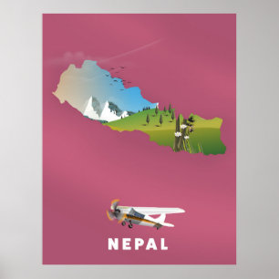 Póster Poster de mapas ilustrado de Nepal