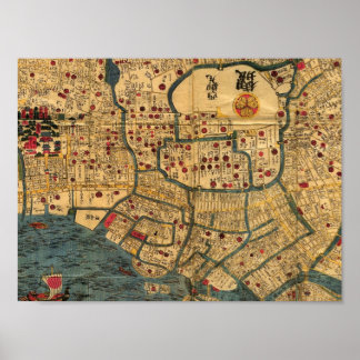 Póster Poster de mapas japonés de la bahía de Tokio, Edo 