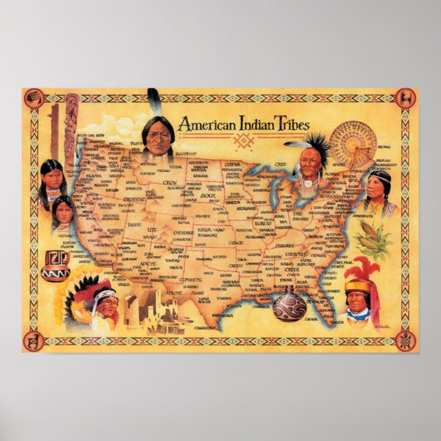 Póster Poster de mapas tribales de indios estadounidenses (Frente)