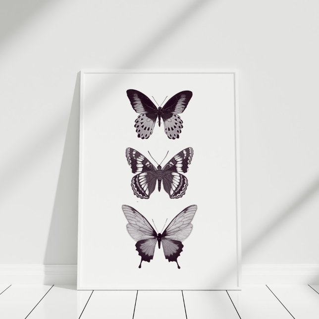 Póster Poster de mariposa (Black and White Minimalist Butterfly Poster in a white frame.)