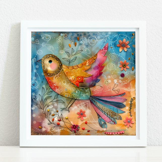 PÓSTER POSTER DE MEDIOS MEZCLADOS DE AVES COLORIDAS (COLORFUL BIRD MIXED MEDIA POSTER)
